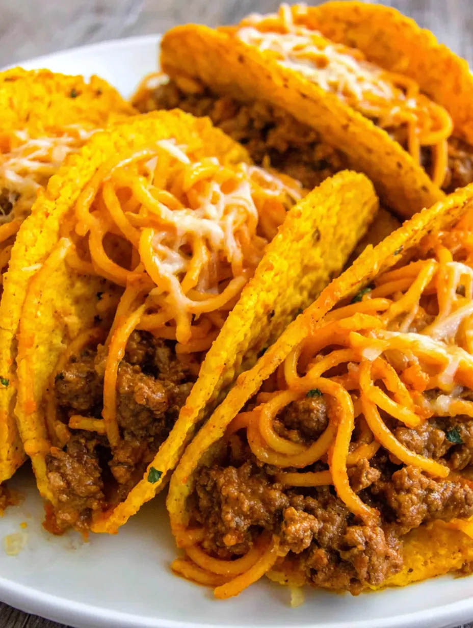 Spaghetti tacos with beef.
