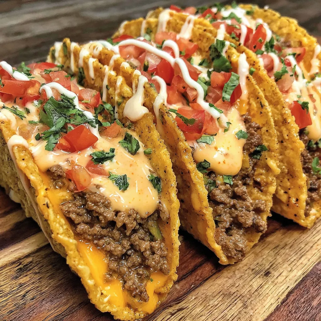 A loaded taco with cheese sauce.