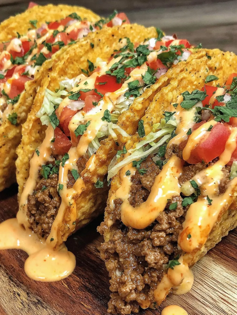 Two loaded tacos with creamy cheese sauce.