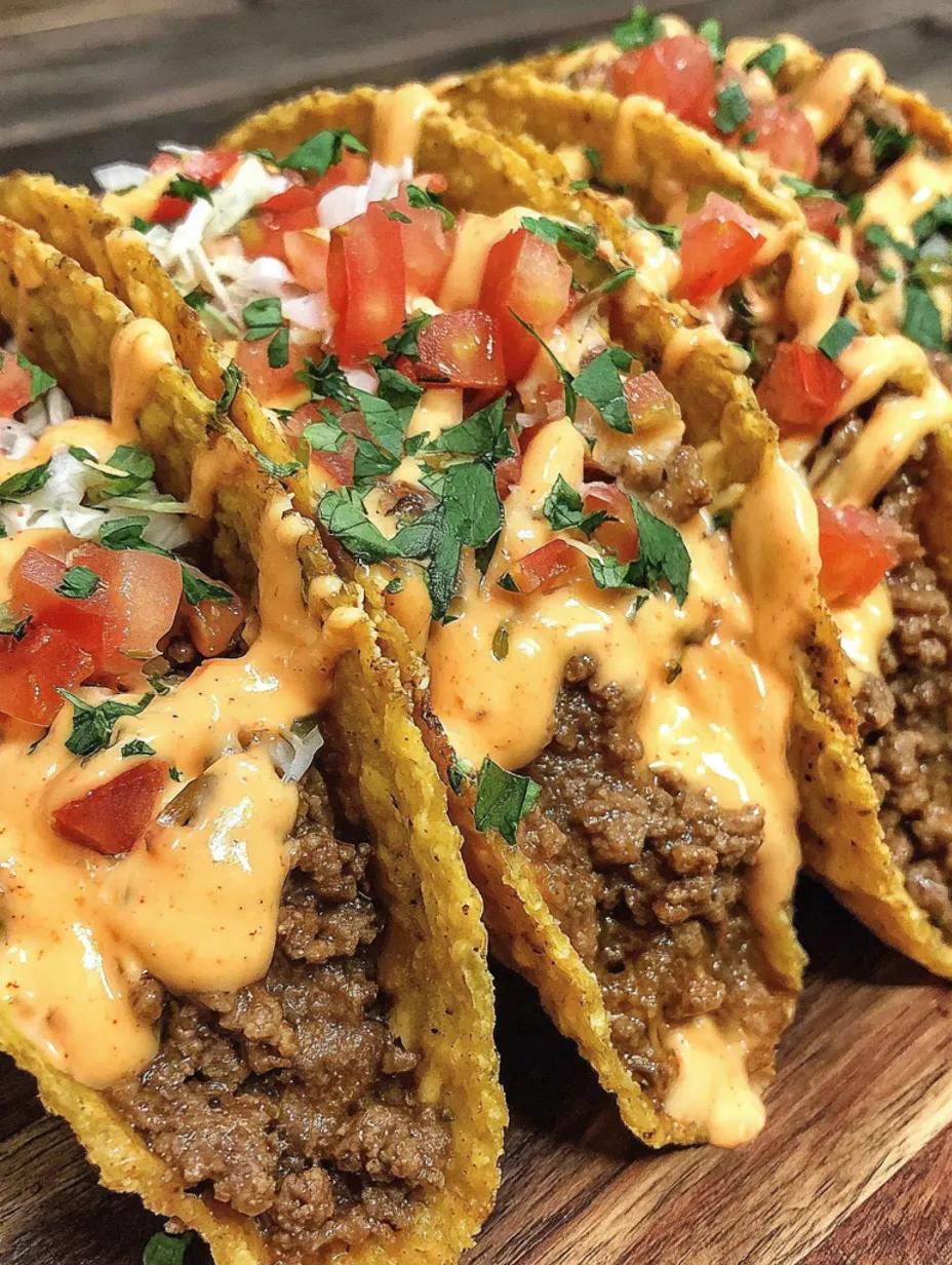 A loaded taco with cheese sauce.