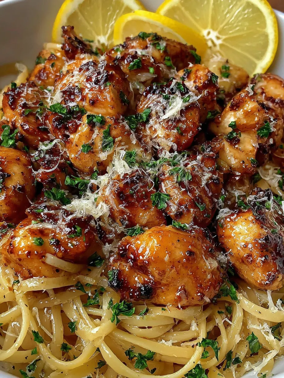 A dish of chicken with garlic and lemon on top.