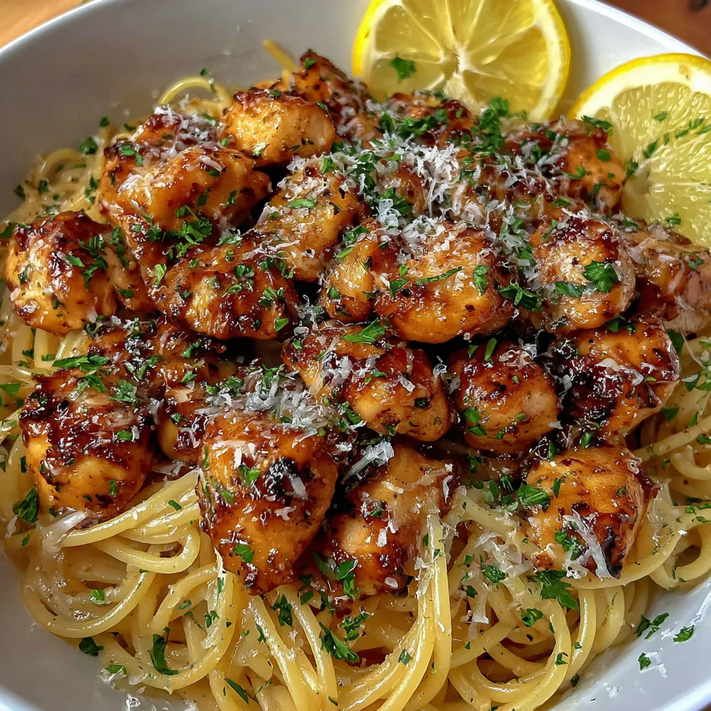 A bowl of chicken linguine with lemon and garlic butter.