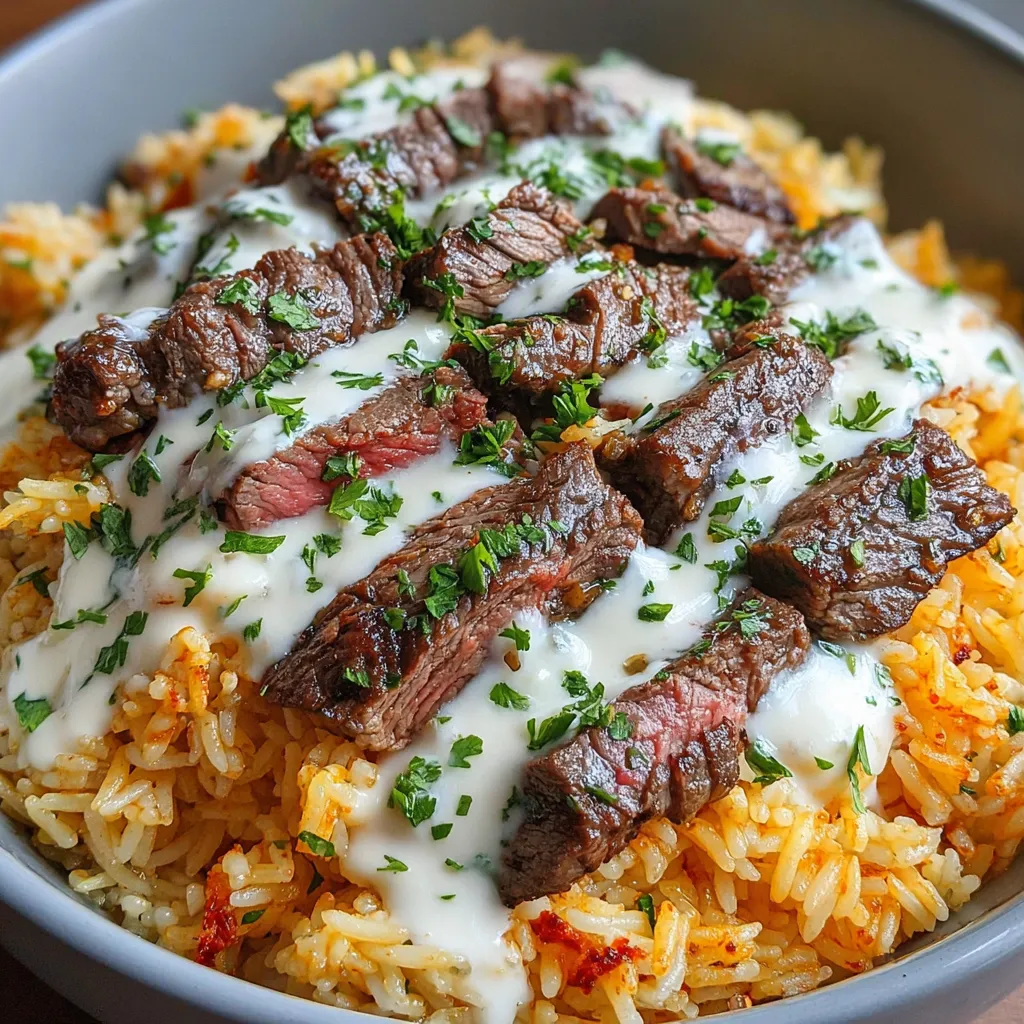 A bowl of rice with steak and cheese.