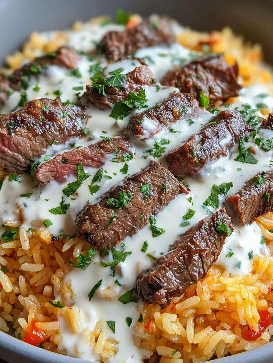 A rice bowl with steak and cheese.