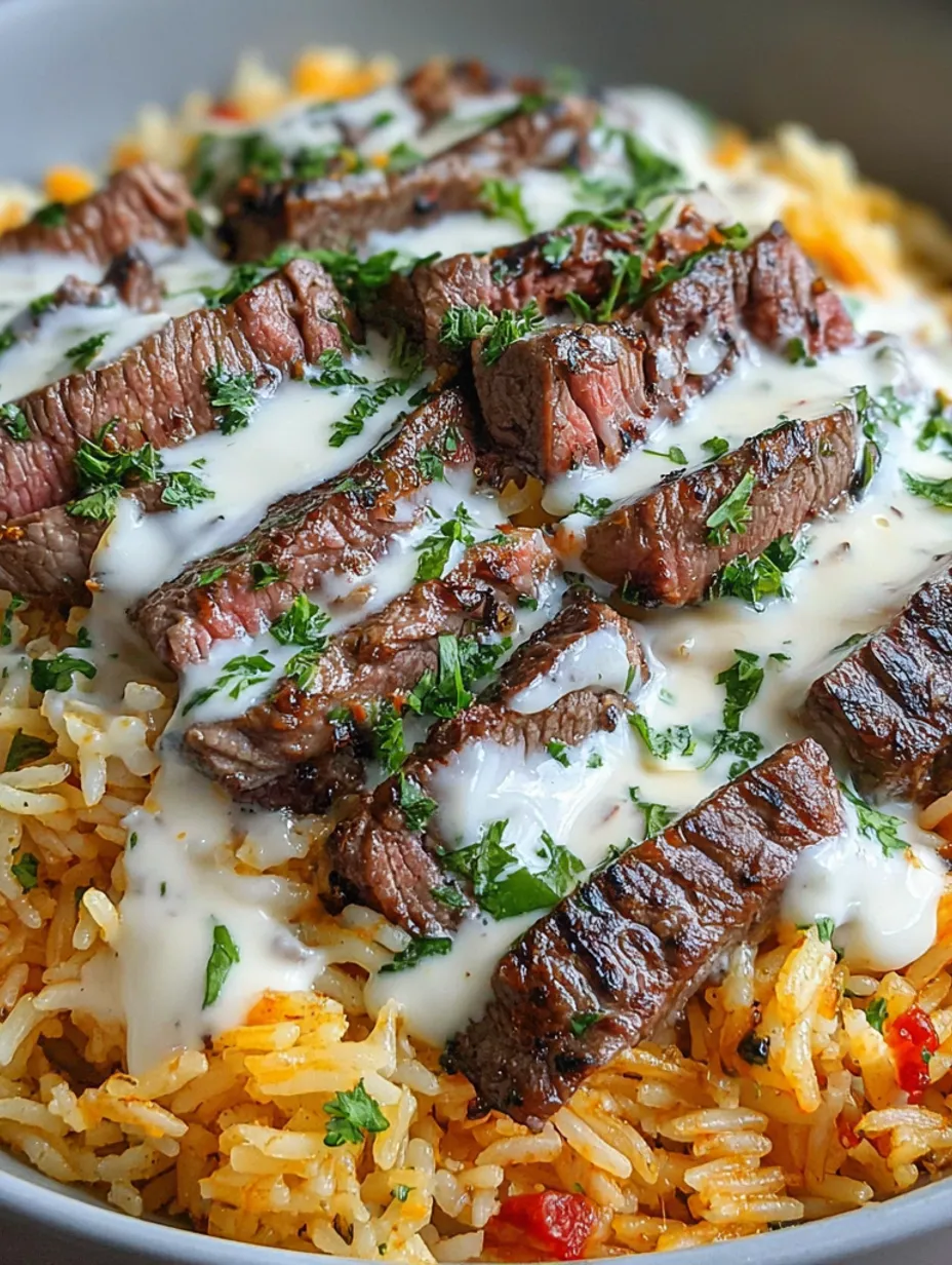 A close up of a steak queso rice bowl.