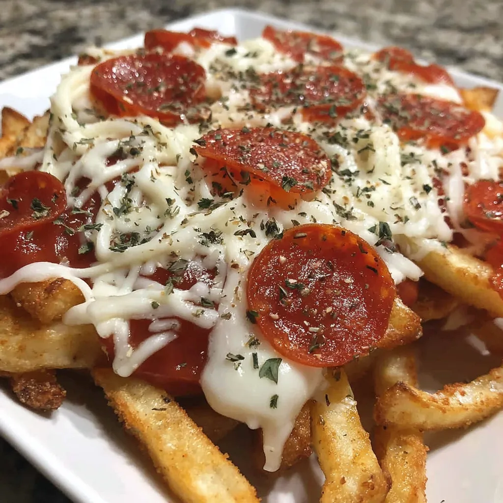 A plate of pepperoni pizza fries.