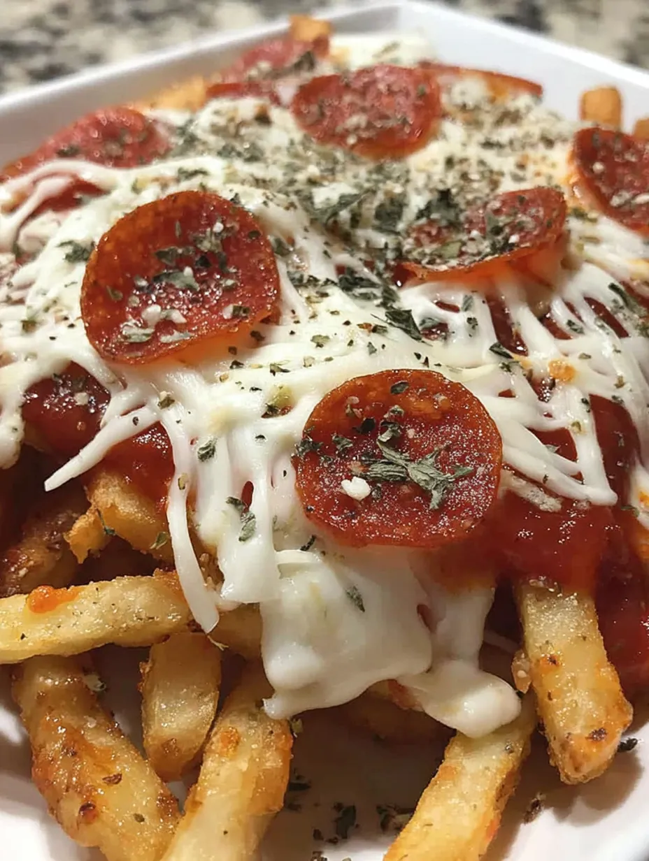 A plate of pepperoni pizza fries.