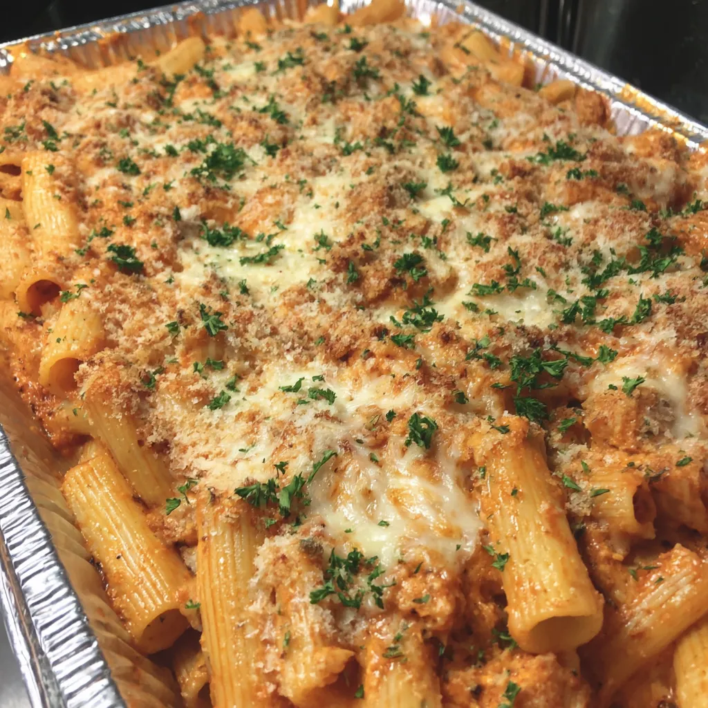 A baked pasta dish with cheese and herbs.