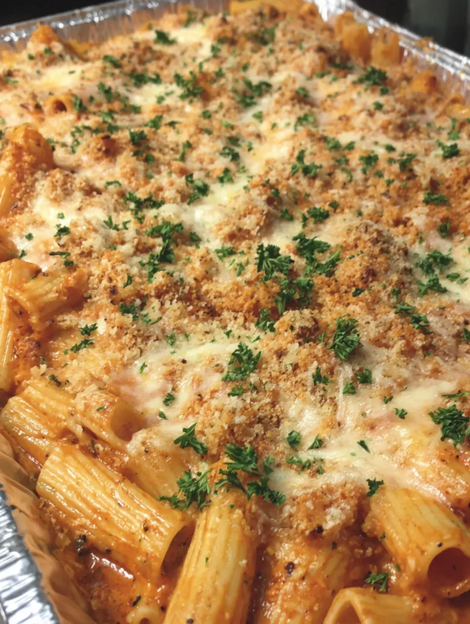 A baked pasta dish with cheese and herbs.