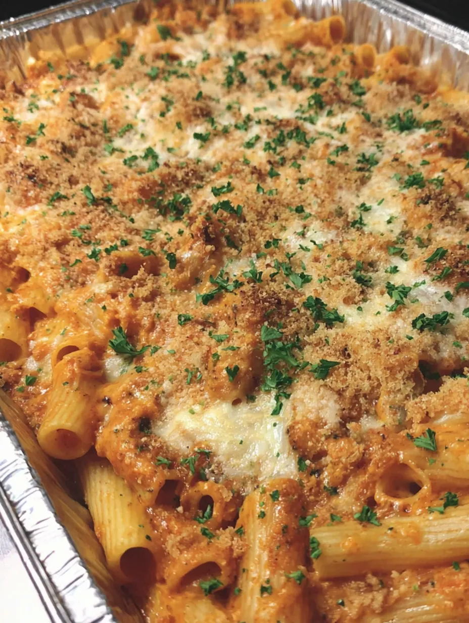 A baked pasta dish with cheese and herbs.