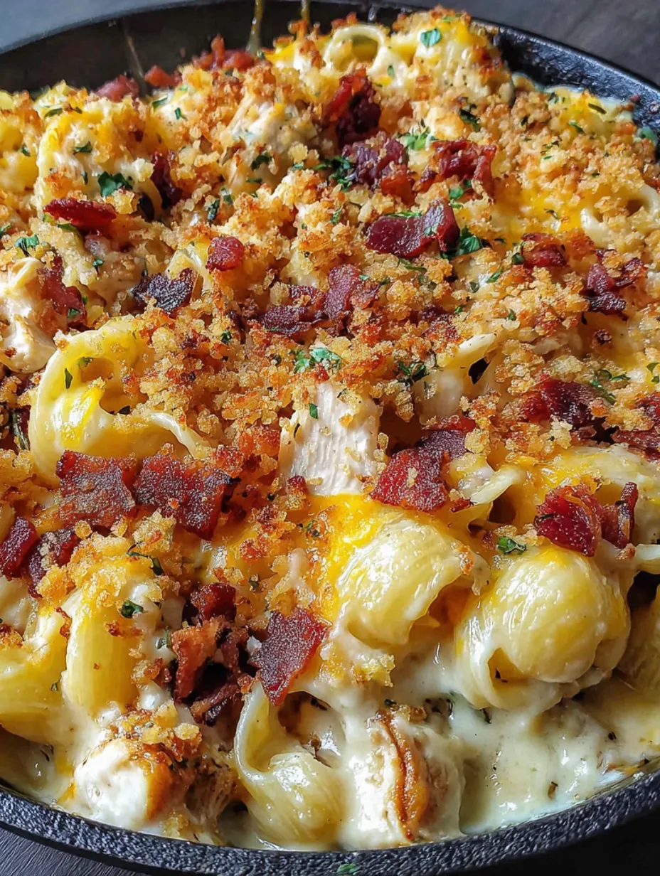 A close up of a delicious chicken bacon pasta bake.