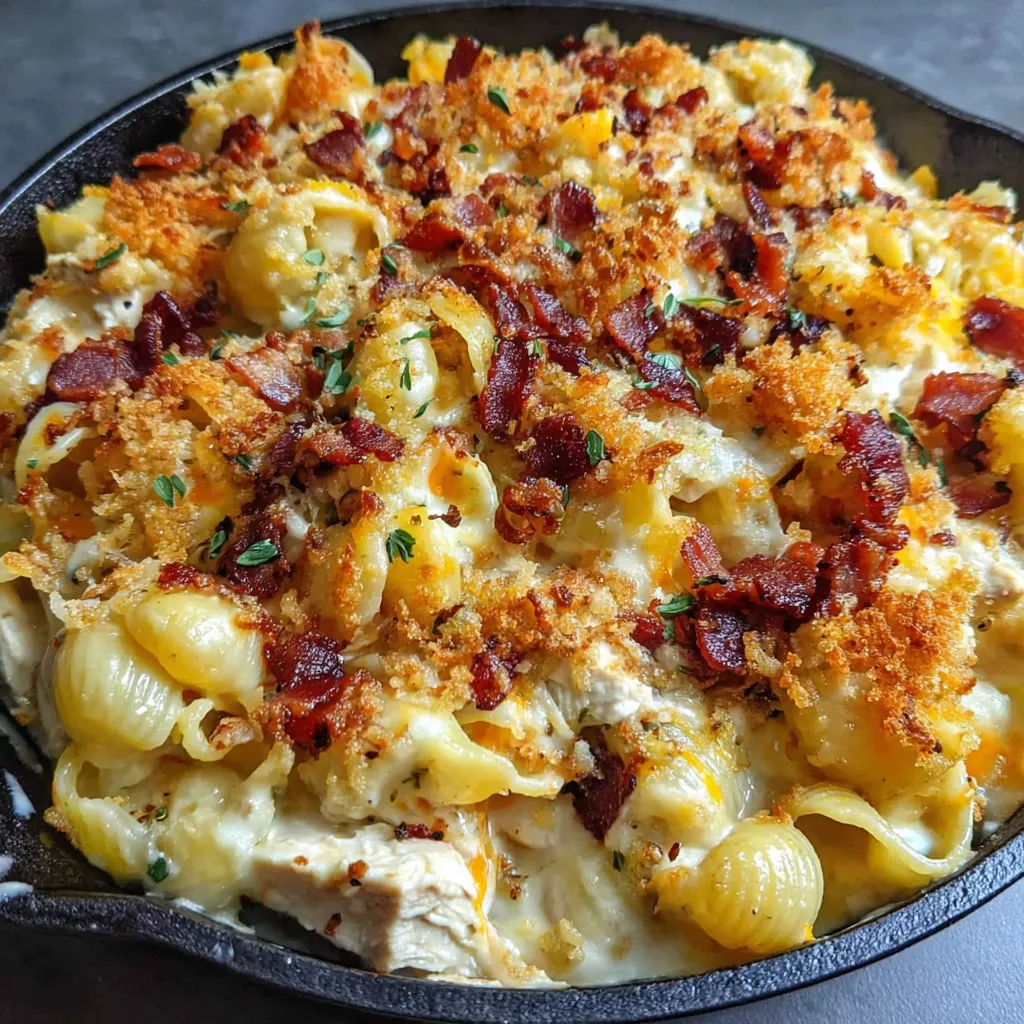 A dish of chicken bacon pasta bake.