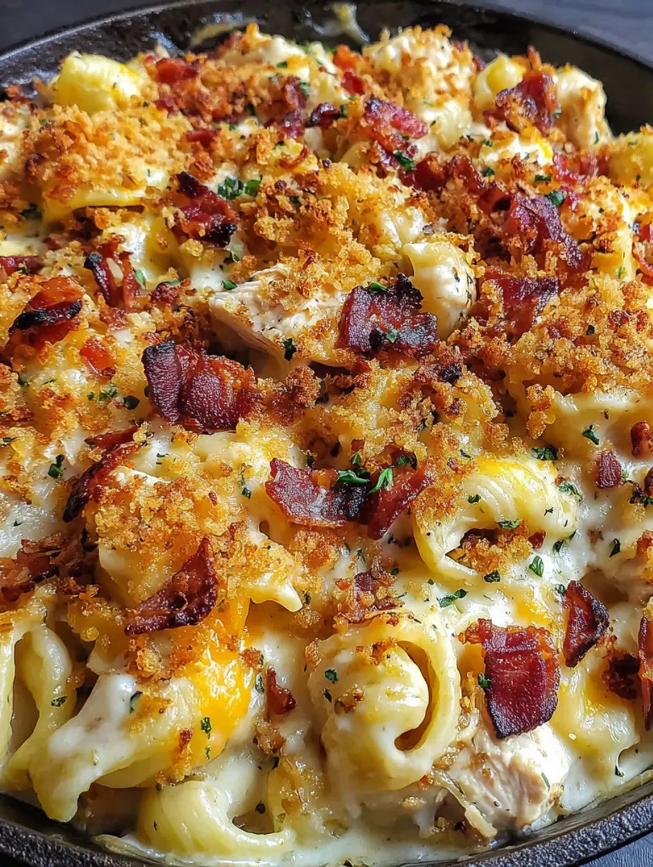 A close up of a chicken bacon pasta bake.