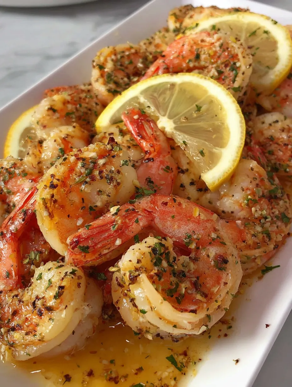 A plate of baked Italian shrimp with lemon.