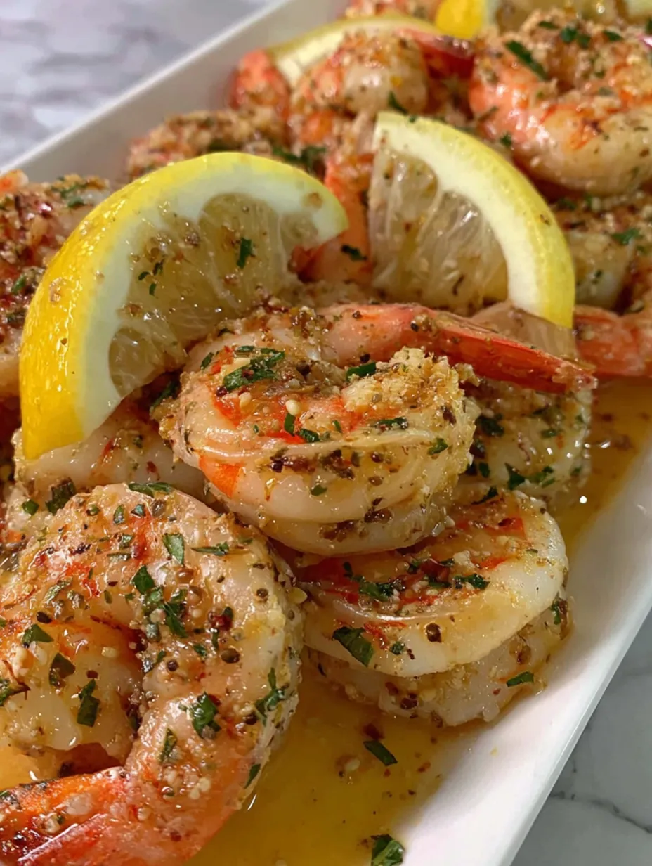 A plate of baked Italian shrimp with lemon.
