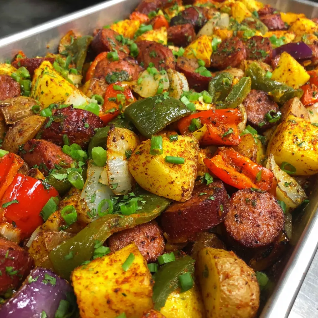 A pan of food with sausage, potatoes, peppers, and onions.