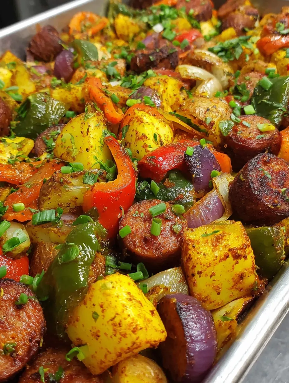 A pan of food with a sausage and vegetables.