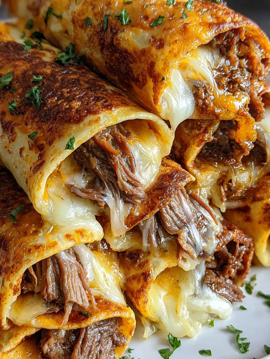 French dip tortilla roll ups with meat and cheese.
