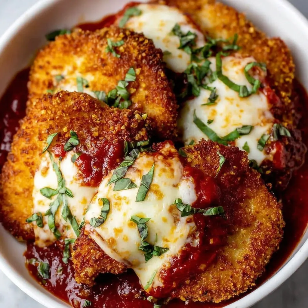 A bowl of cheesy crispy chicken parmesan.