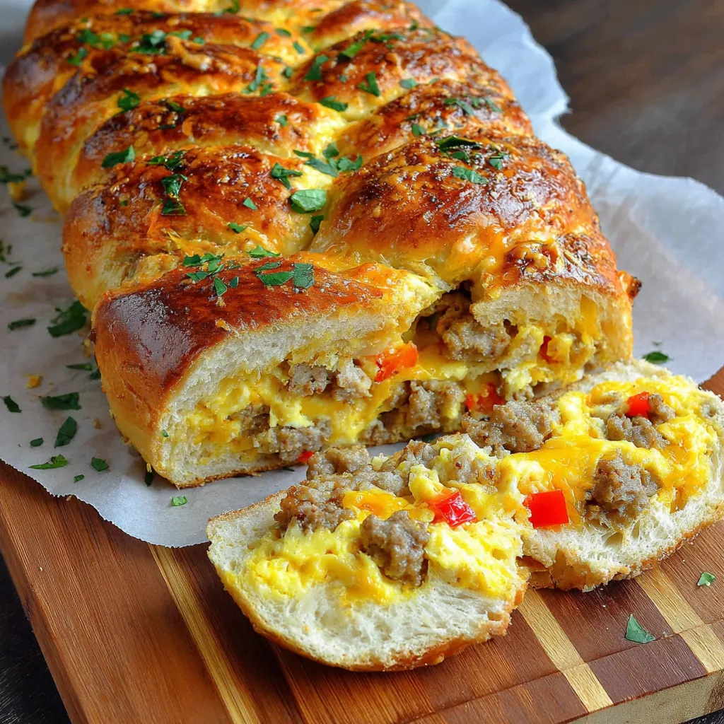A breakfast braid with sausage and eggs.