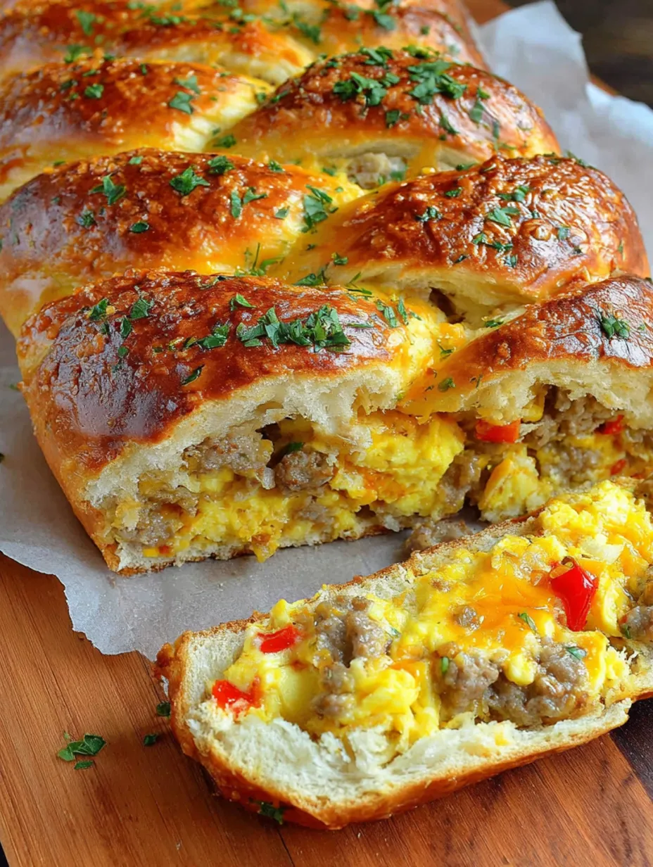 A breakfast braid with sausage and eggs.