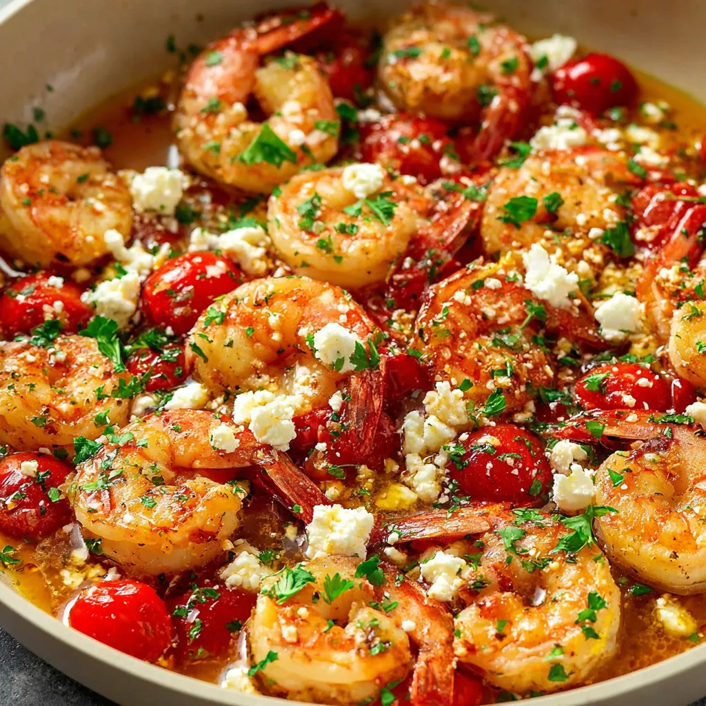 A bowl of shrimp, tomatoes, and feta cheese.