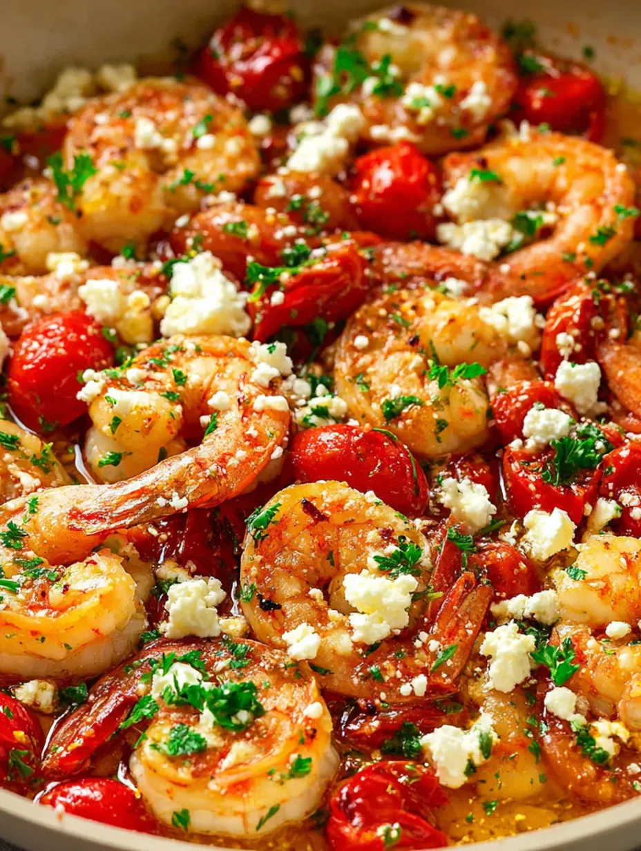 A dish of shrimp, tomatoes, and feta cheese.
