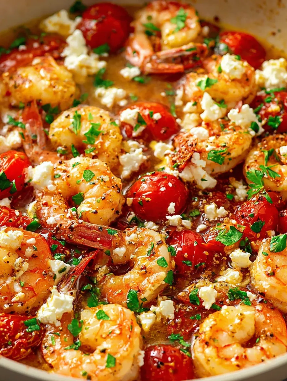 A dish of shrimp, tomatoes, and feta cheese.