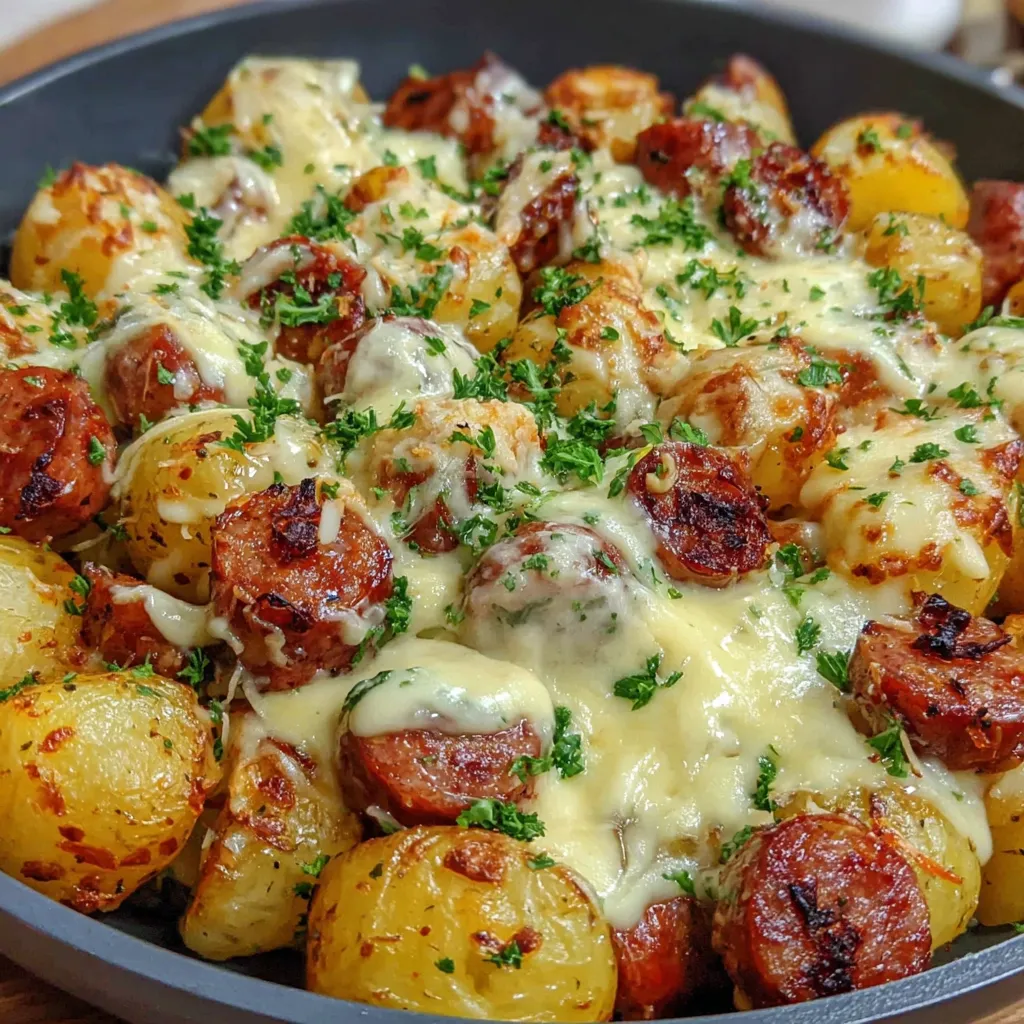 A delicious looking Kielbasa Sausage Cheesy Potato Casserole.