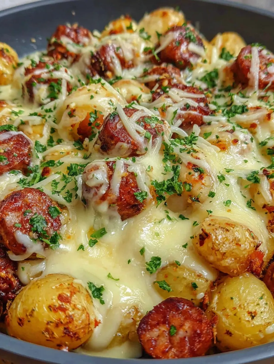 A cheesy potato casserole with kielbasa sausage.