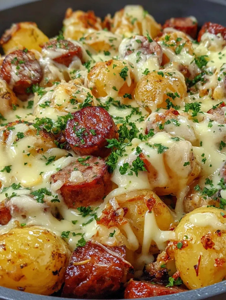A delicious looking sausage and potato casserole.