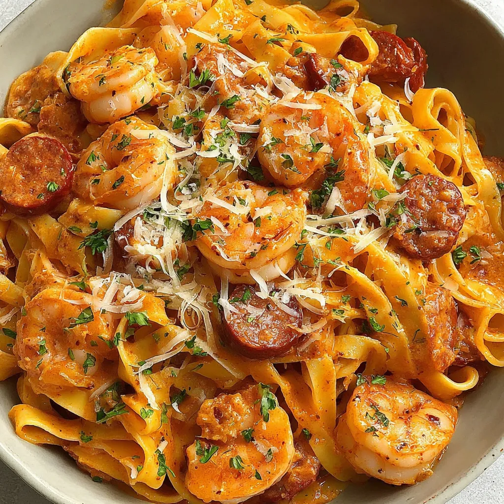 A bowl of shrimp and sausage pasta.