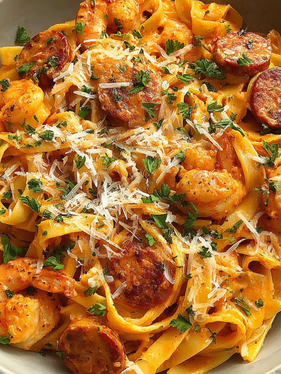 A plate of shrimp and sausage pasta.