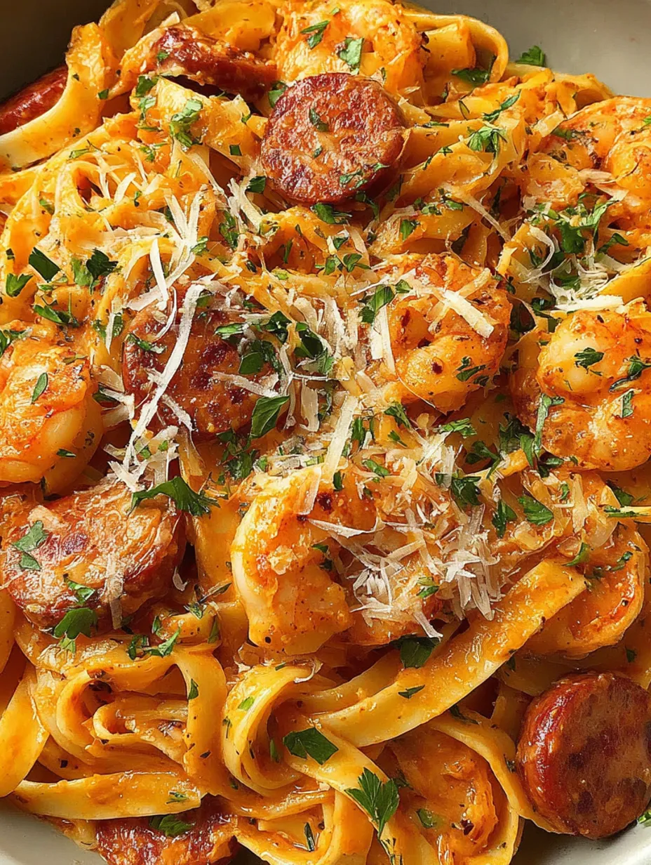 A plate of shrimp and sausage pasta.