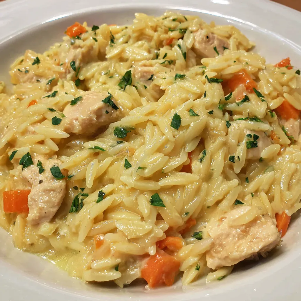 A plate of creamy chicken pot pie orzo.