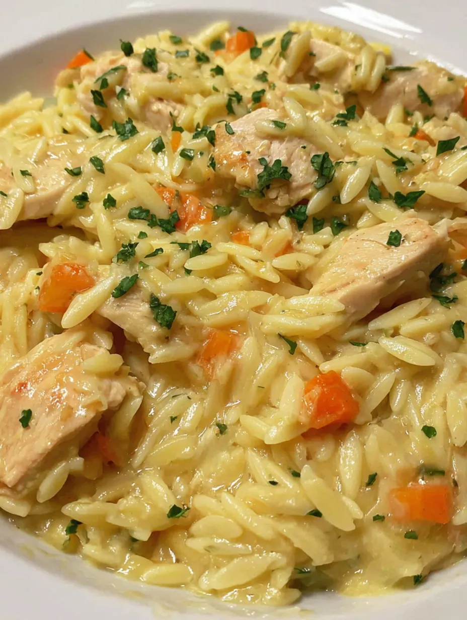 A bowl of creamy chicken pot pie orzo.