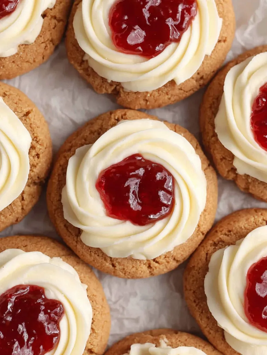 A plate of cheesecake cookies with white icing and red jams.