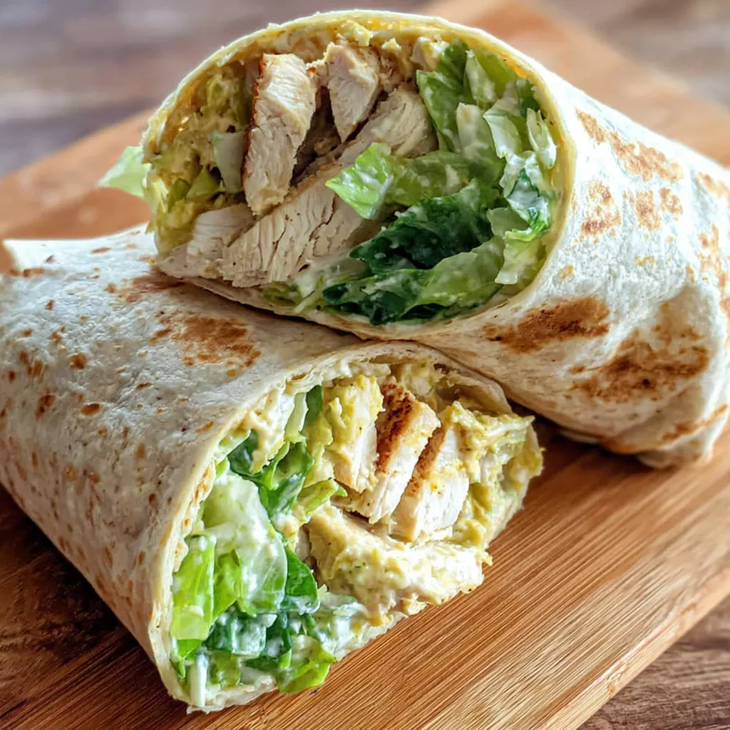 A chicken Caesar salad wrap on a wooden table.