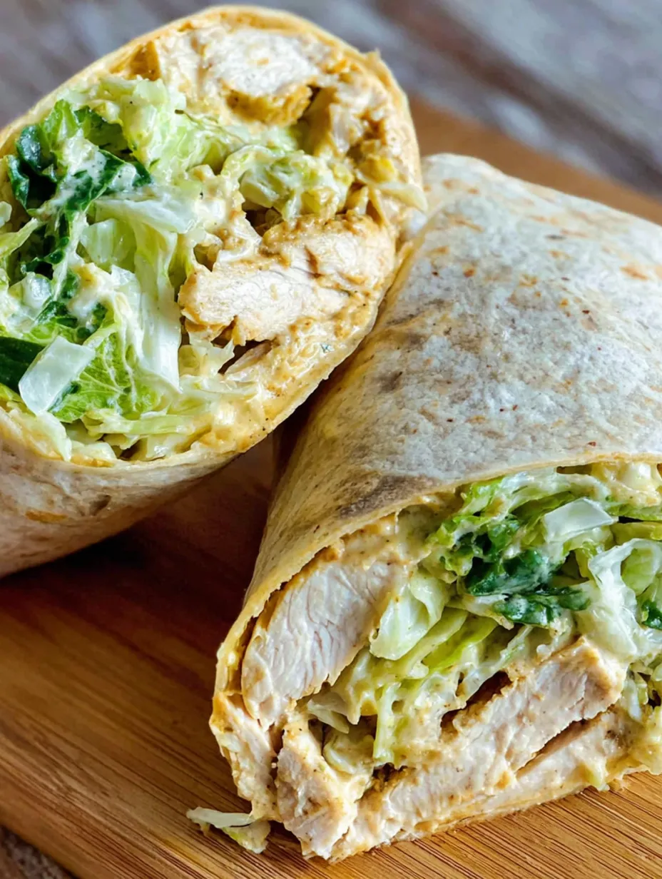 A chicken Caesar salad wrap on a wooden table.