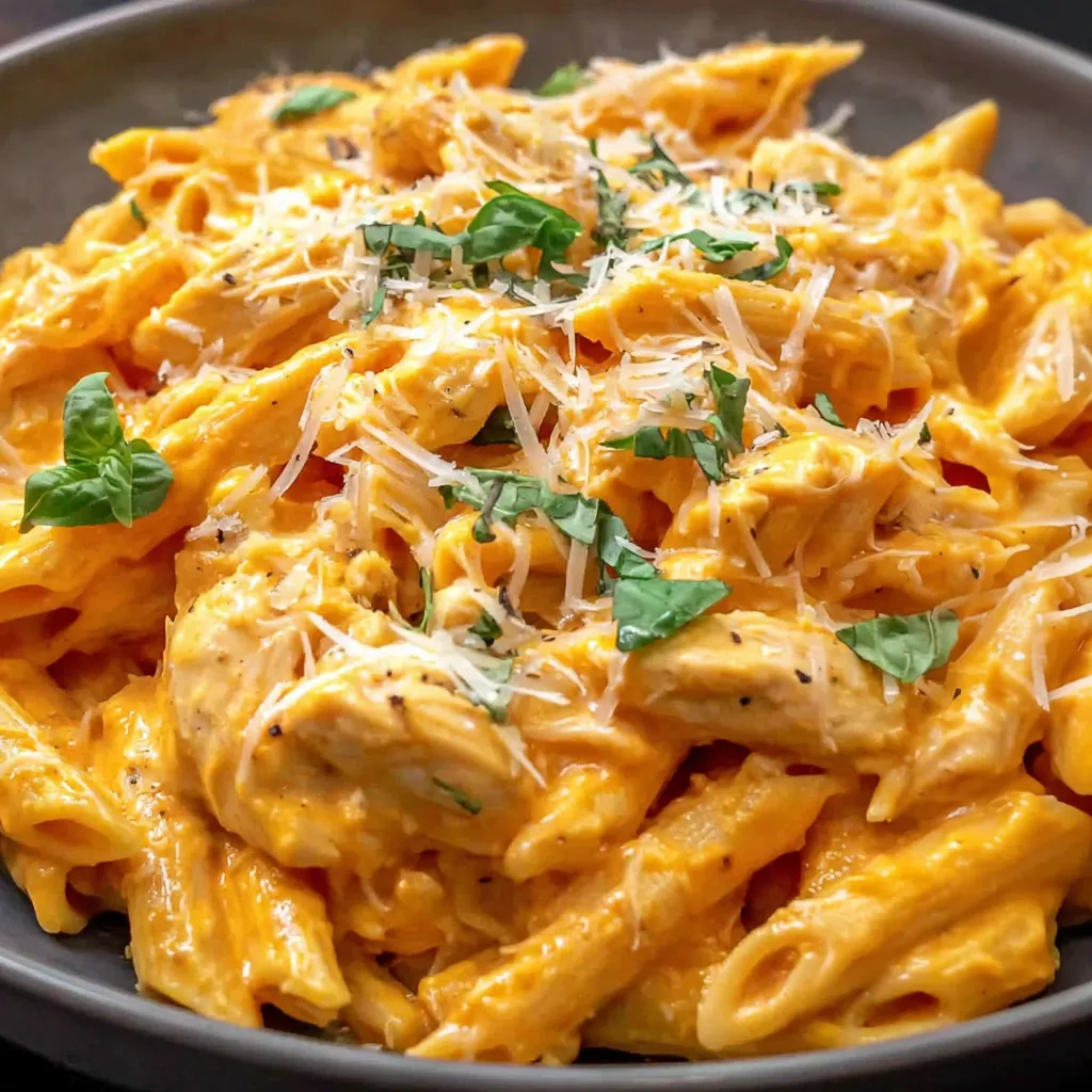 A bowl of pasta with chicken and cheese.