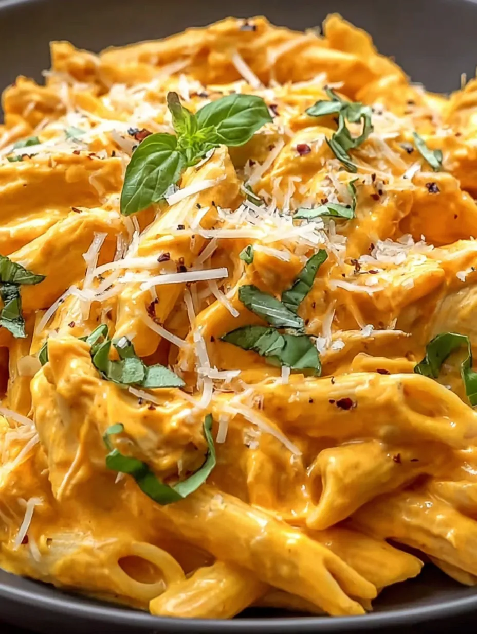 A close up of a dish of buffalo chicken alfredo pasta.
