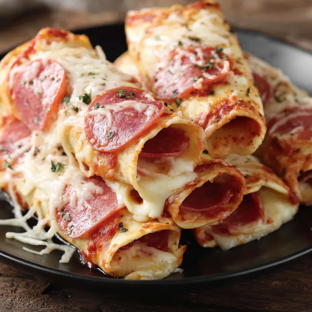 A plate of cheesy pepperoni pizza roll ups.