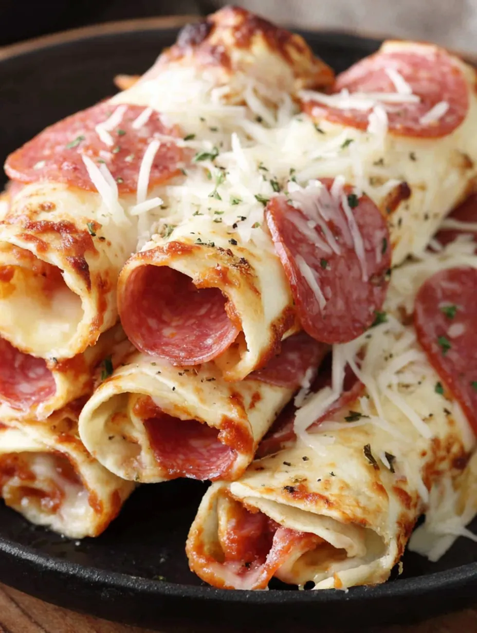 A plate of cheesy pepperoni pizza roll ups.