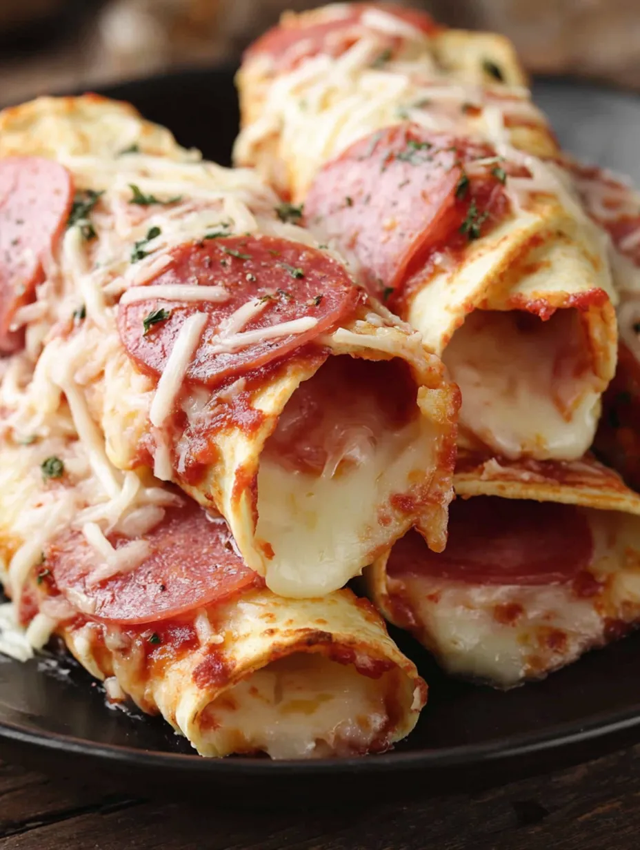 A plate of cheesy pepperoni pizza roll ups.