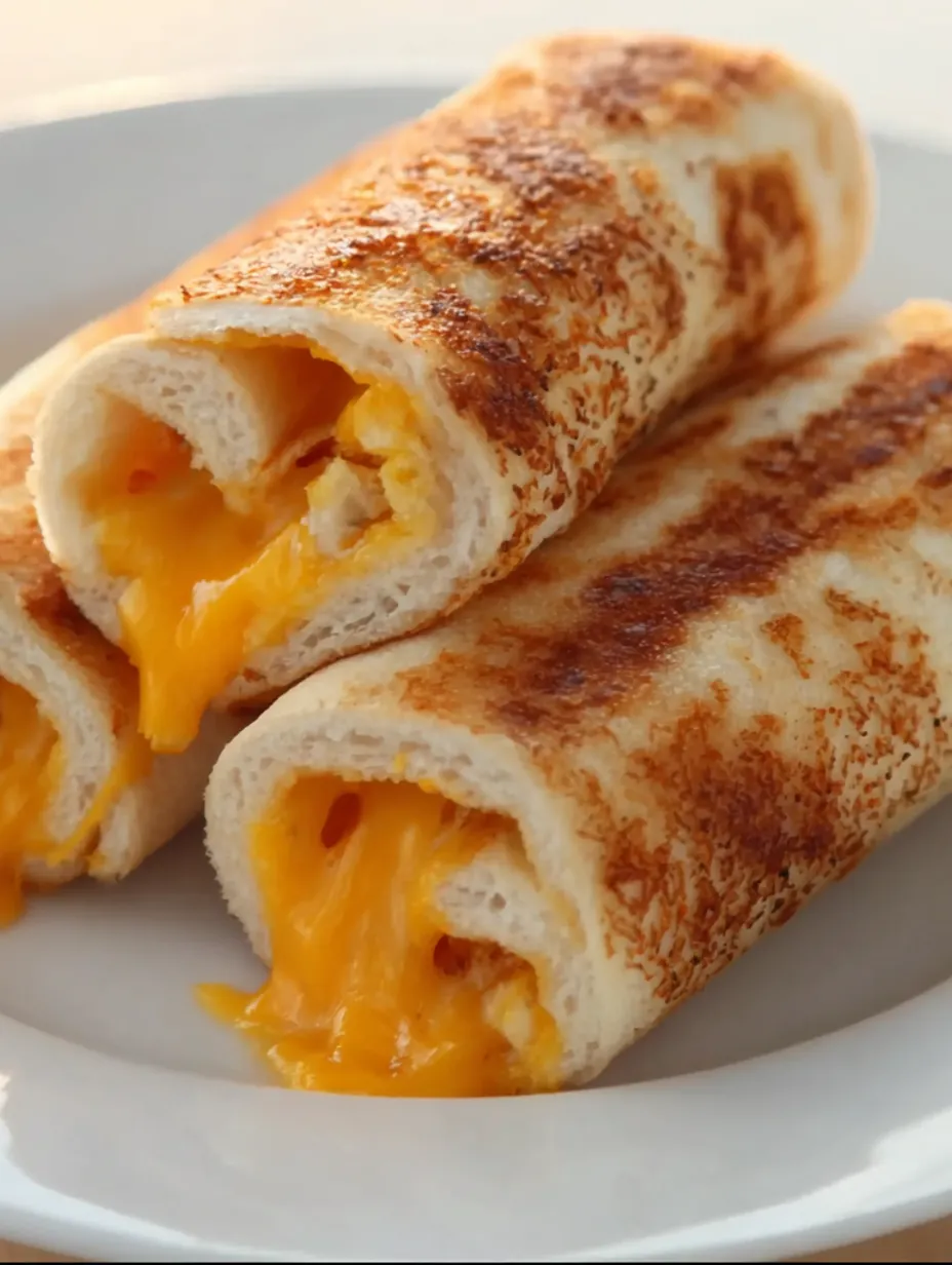 Two grilled cheese roll-ups with cheese oozing out.
