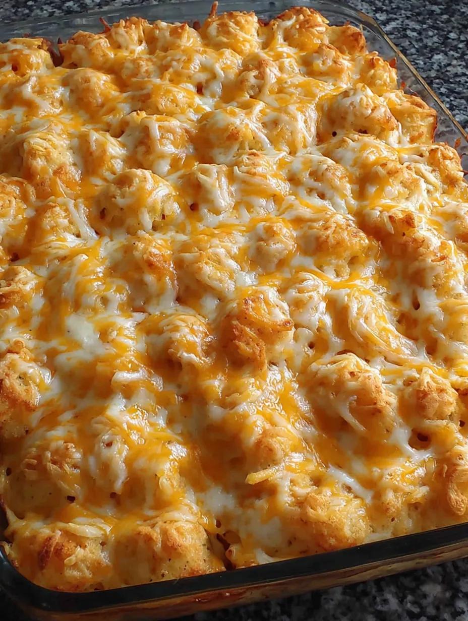 A tater tot casserole with cheese and breadcrumbs.