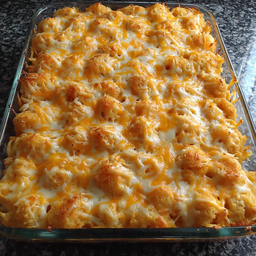 A tater tot casserole in a glass dish.