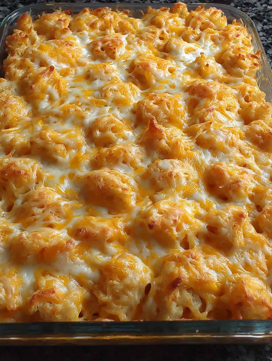 A tater tot casserole with cheese and bread crumbs.