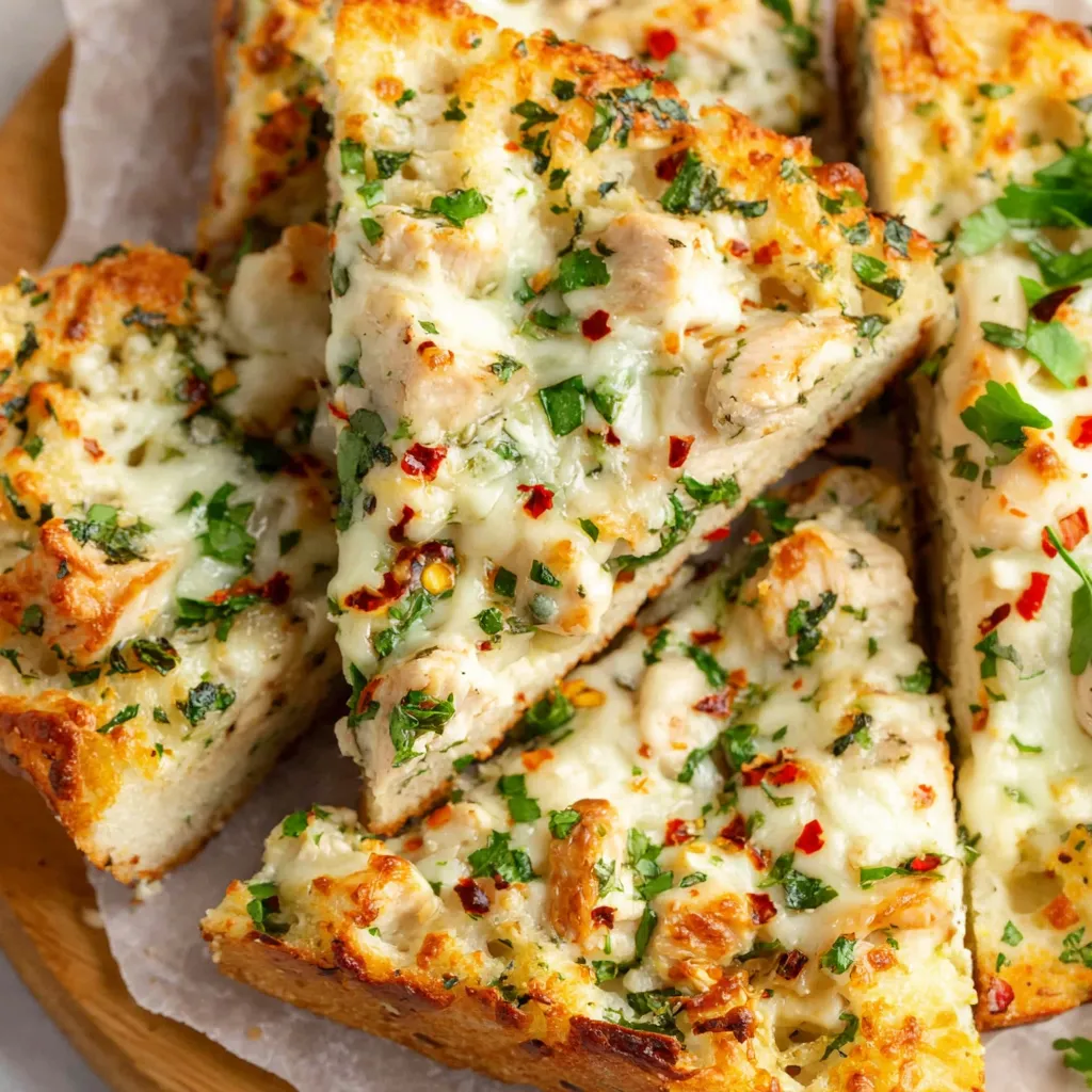 A slice of chicken Alfredo garlic pizza.