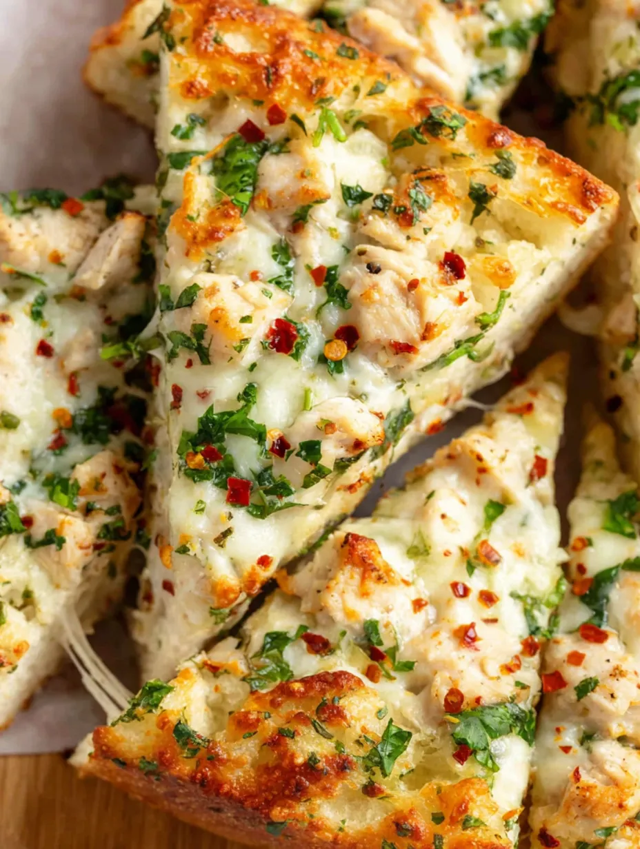 A slice of chicken Alfredo garlic pizza.